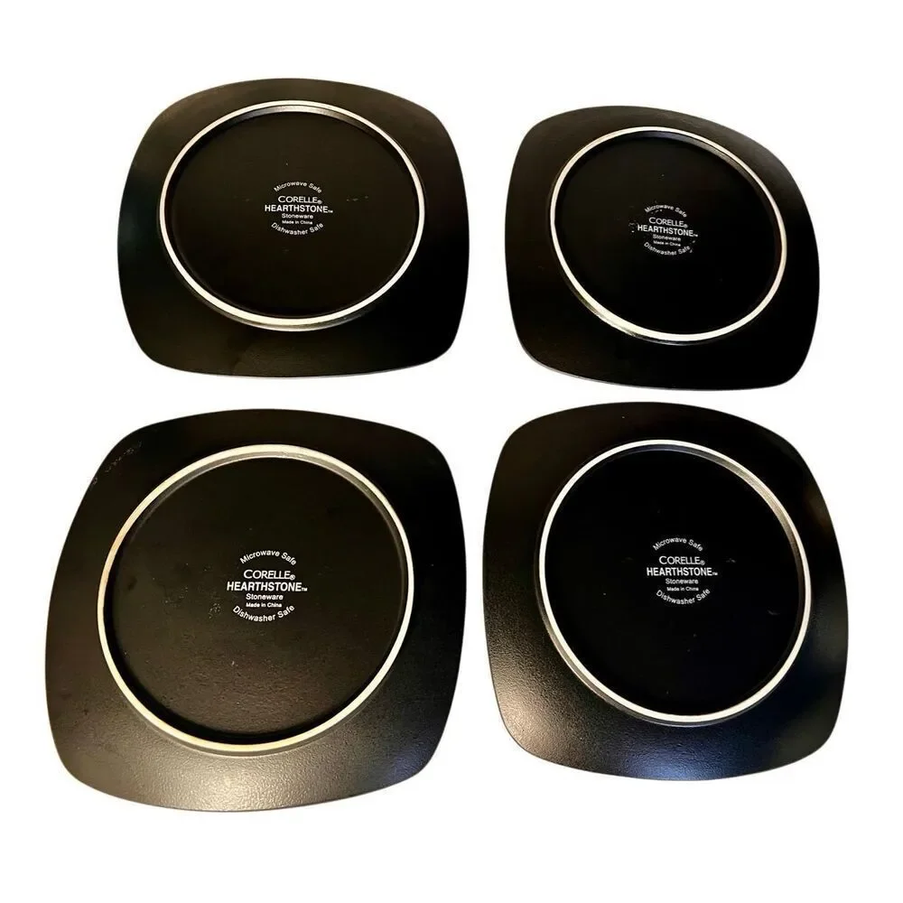 Set of 4 CORELLE HEARTHSTONE Stoneware Dinner Plates Cobalt Indigo Black Square
